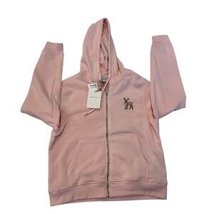 Women's L pink hoodie sweatshirt with deer graphic soft cozy whimsical nature